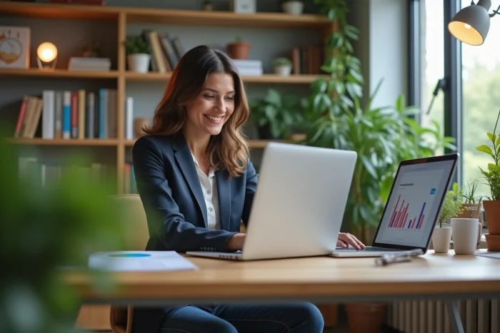 Femme d'affaires confiante travaillant sur un ordinateur dans un bureau moderne