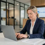Femme cadre dans un bureau moderne de banque en ligne Boursobank, symbole de la direction financière de Société Générale