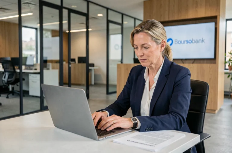 Femme cadre dans un bureau moderne de banque en ligne Boursobank, symbole de la direction financière de Société Générale