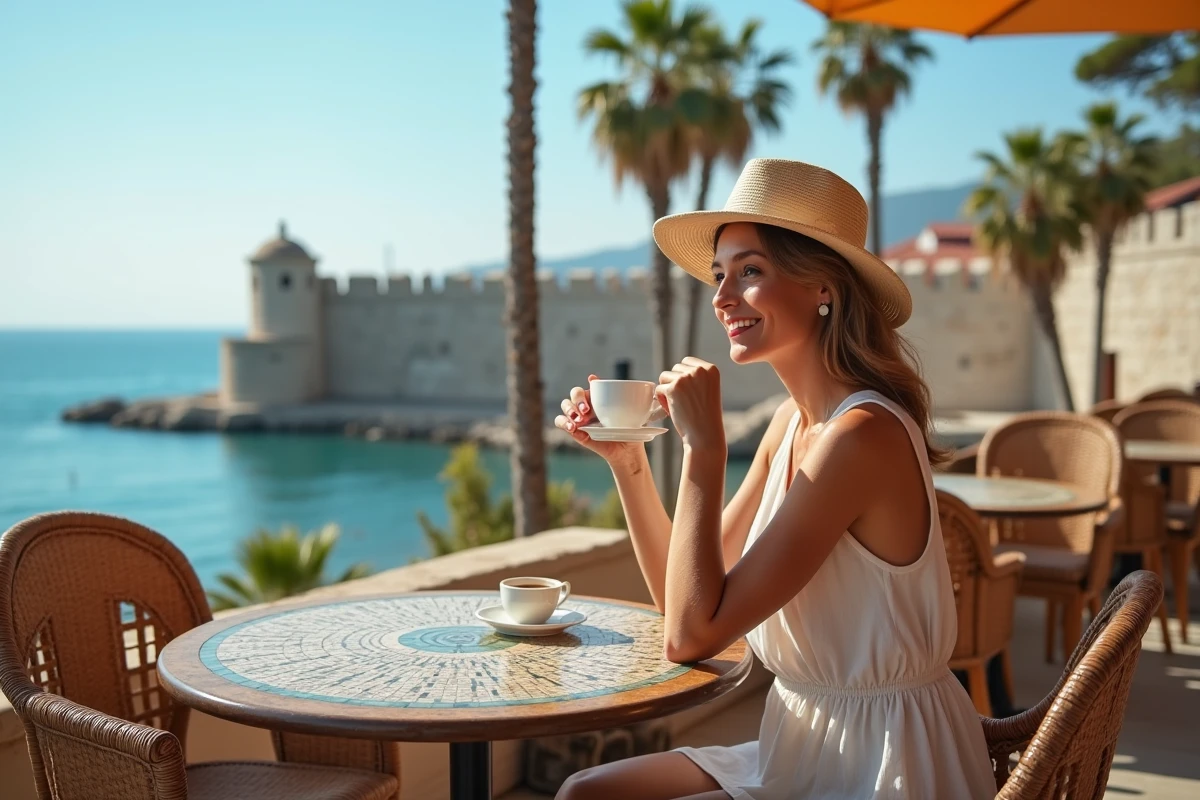 Femme dégustant un café turc sur une terrasse à Antalya