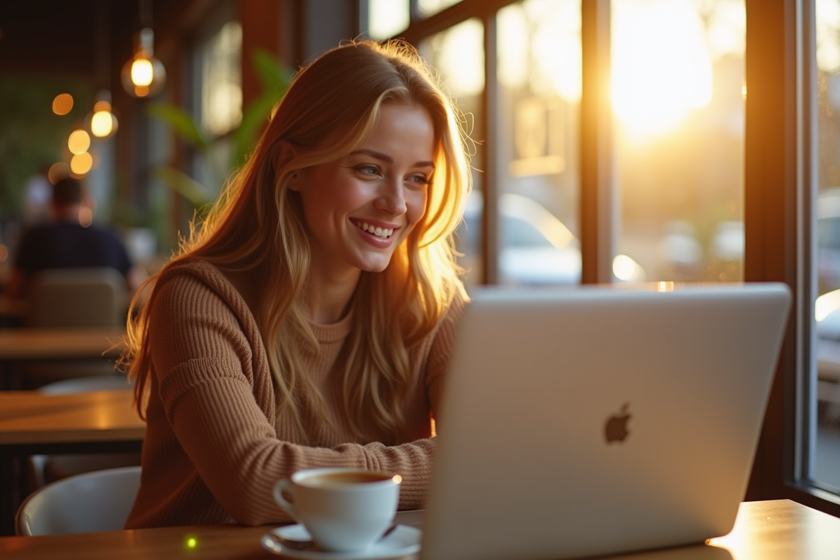 Femme seule au cafe regardant son ordinateur avec émotion