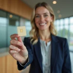 Femme tenant une carte bancaire Crédit Agricole MCD Dual Sociétaire dans une agence bancaire moderne