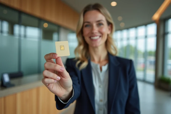 Femme tenant une carte bancaire Crédit Agricole MCD Dual Sociétaire dans une agence bancaire moderne