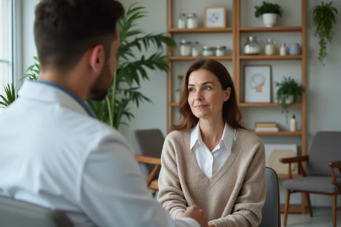 Femme en consultation dermatologique dans un cabinet moderne