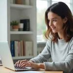 Femme consultant le tarif carte grise Norauto en ligne sur un ordinateur portable depuis son bureau à domicile