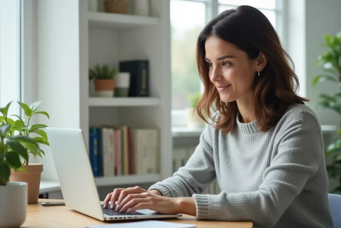 Femme consultant le tarif carte grise Norauto en ligne sur un ordinateur portable depuis son bureau à domicile