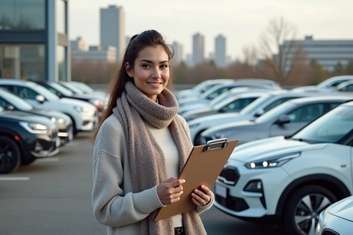 Jeune femme avec carnet de notes devant voitures neuves