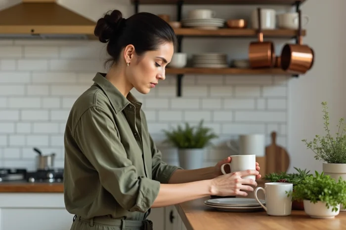 Femme arrangeant des accessoires de cuisine sur une étagère en bois dans une cuisine moderne et rustique pour un intérieur fonctionnel