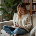Femme souriante écrivant dans un journal dans un salon chaleureux