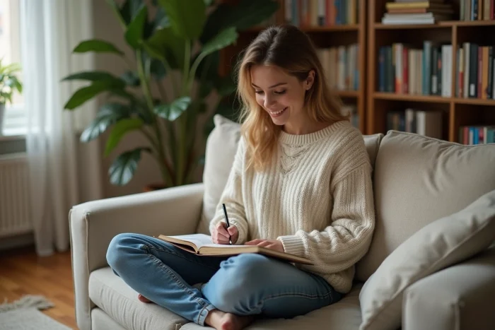 Femme souriante écrivant dans un journal dans un salon chaleureux