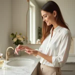 Femme élégante testant un parfum dans un intérieur moderne