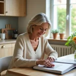 Femme française dans sa maison regardant un album photo