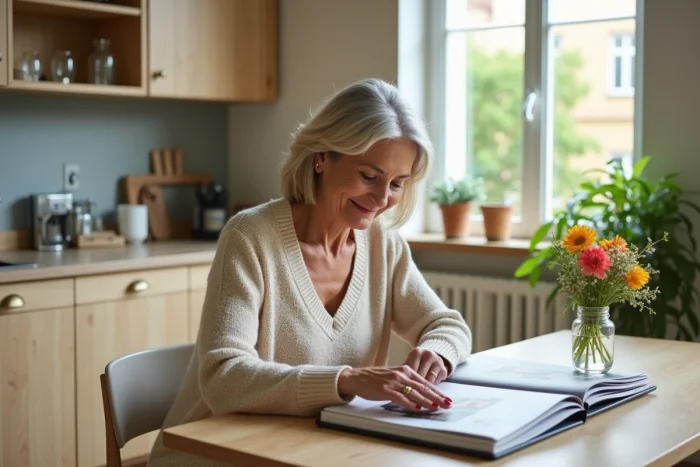 Femme française dans sa maison regardant un album photo