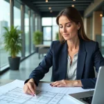 Femme professionnelle analysant des plans immobiliers et des documents financiers dans un bureau moderne pour un investissement immobilier réussi