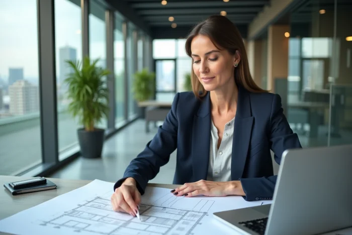 Femme professionnelle analysant des plans immobiliers et des documents financiers dans un bureau moderne pour un investissement immobilier réussi