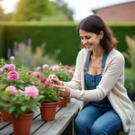 Femme arrangeant des fleurs dans son jardin en denim
