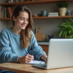 Jeune femme à la maison avec ordinateur et notes