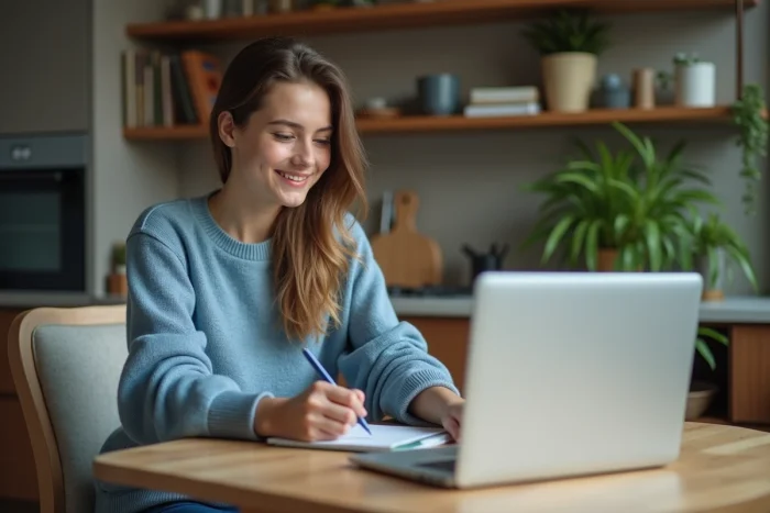 Jeune femme à la maison avec ordinateur et notes