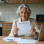 Femme lisant une lettre Pajemploi dans la cuisine