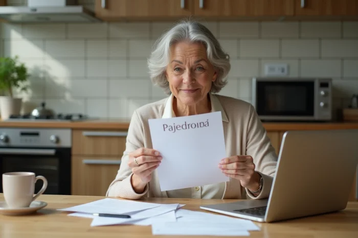 Femme lisant une lettre Pajemploi dans la cuisine