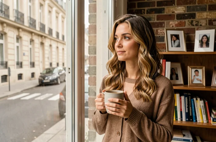 Femme pensive tenant un café près d'une fenêtre dans un appartement style parisien, ambiance intimiste et personnelle