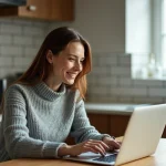 Femme parcourant des petites annonces en ligne sur un ordinateur portable dans une cuisine moderne