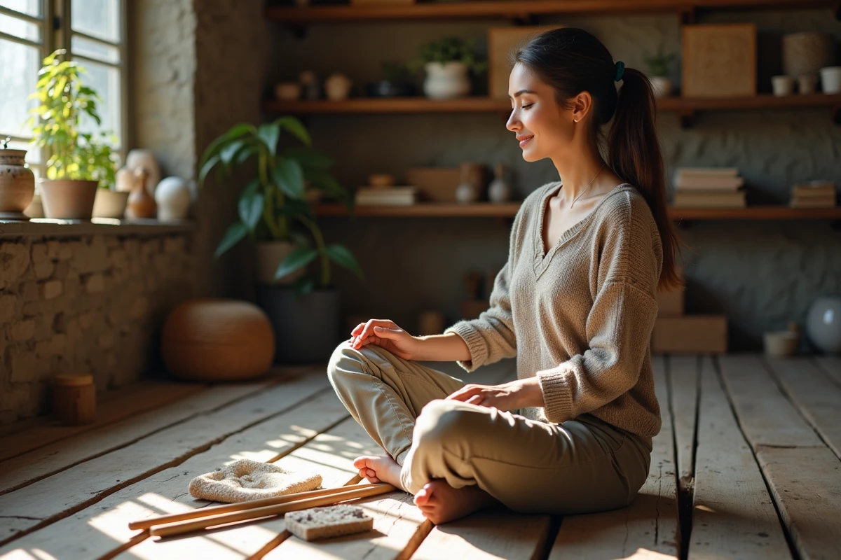 Jeune femme polissant des baguettes de radiesthésie à l