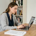 Femme en télétravail consultant des offres d'emploi sur son ordinateur portable dans un bureau à domicile bien organisé