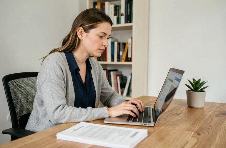 Femme en télétravail consultant des offres d'emploi sur son ordinateur portable dans un bureau à domicile bien organisé