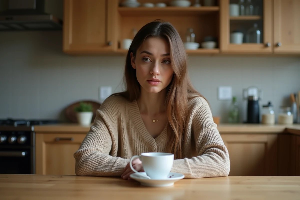 Femme pensive assise à une table de cuisine
