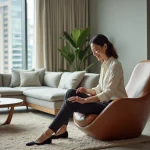Femme en salon moderne ajustant une chaise sculpturale