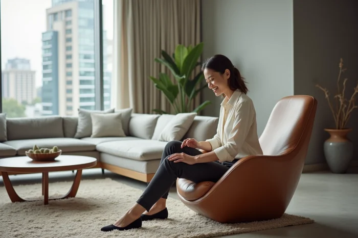 Femme en salon moderne ajustant une chaise sculpturale