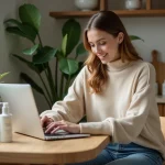 Femme élégante utilisant son ordinateur pour des soins de beauté