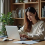 Jeune femme compare gadgets tech sur bureau moderne