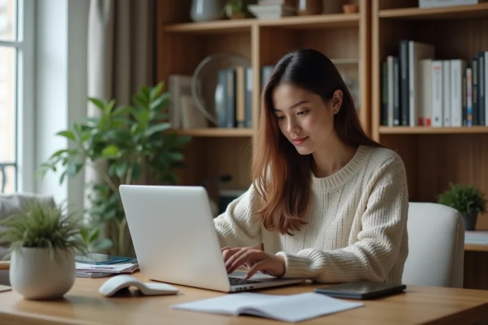 Jeune femme compare gadgets tech sur bureau moderne