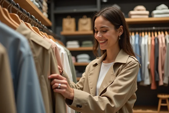 Femme souriante dans une boutique de vêtements moderne