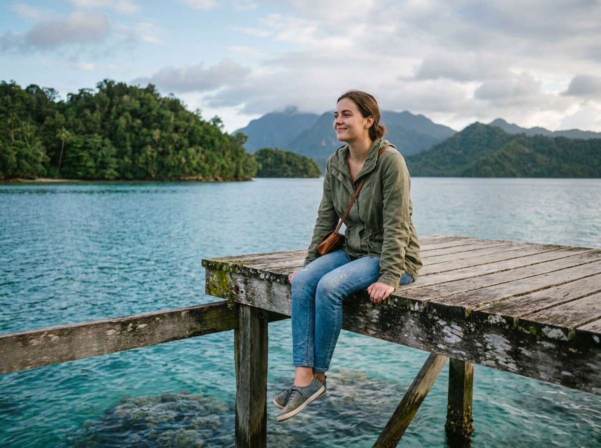 Jeune femme seule sur un pont regardant la lagune