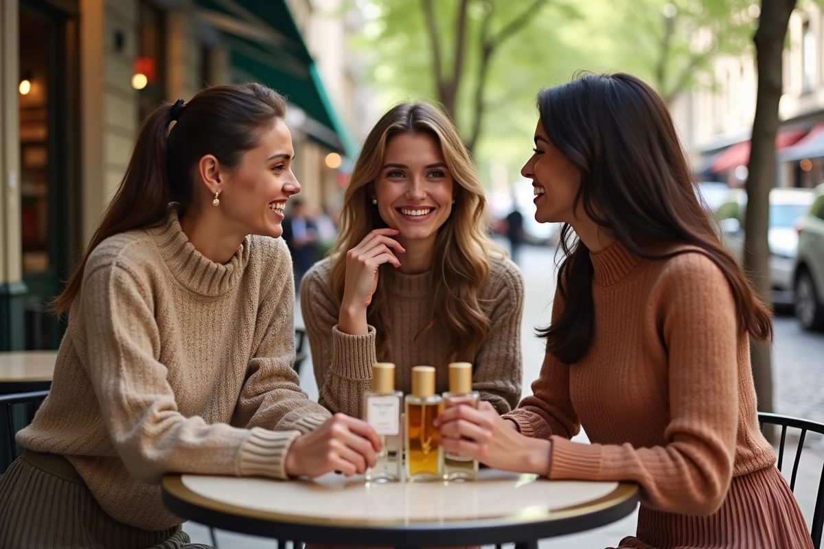 Trois femmes partageant des parfums dans un café parisien