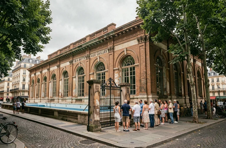 File d'attente devant la piscine de la Butte aux Cailles à Paris, façade Art Déco en briques avec grille en fer forgé et visiteurs en tenue estivale