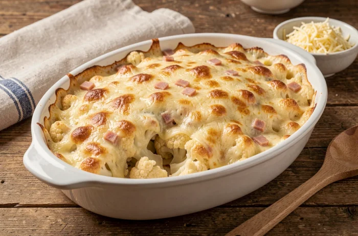 Gratin de chou-fleur léger avec croûte de fromage fondue dorée et jambon