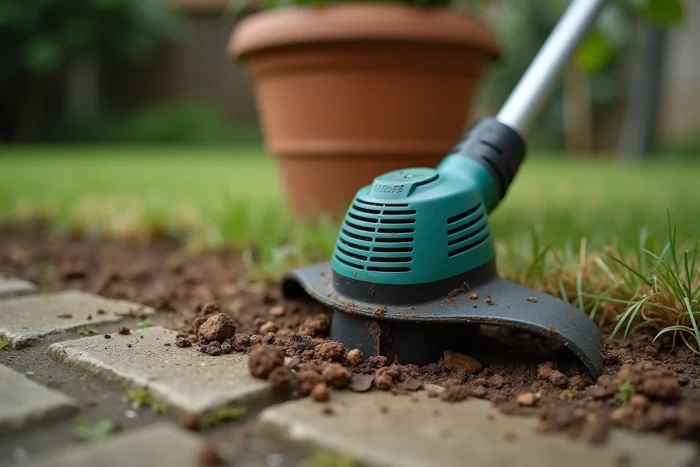 Gros plan sur la tête de coupe d'un coupe-bordure thermique posée sur le sol d'un jardin