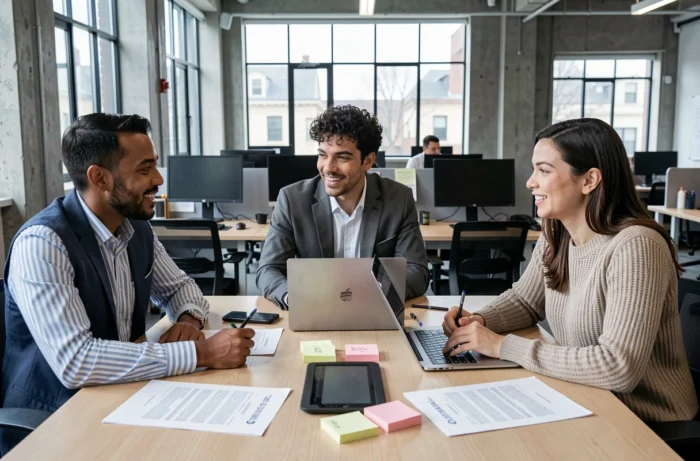 Groupe de professionnels collaborant autour d'une table dans un espace de coworking pour optimiser leur recherche d'emploi