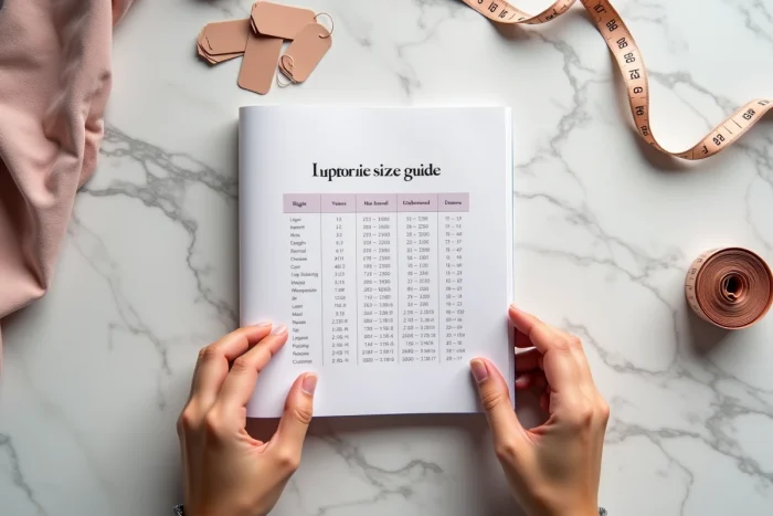 Guide des tailles de soutien-gorge Etam avec mètre ruban et étiquettes de tailles sur une table en marbre