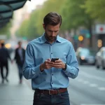 Homme regardant son téléphone dans une rue urbaine