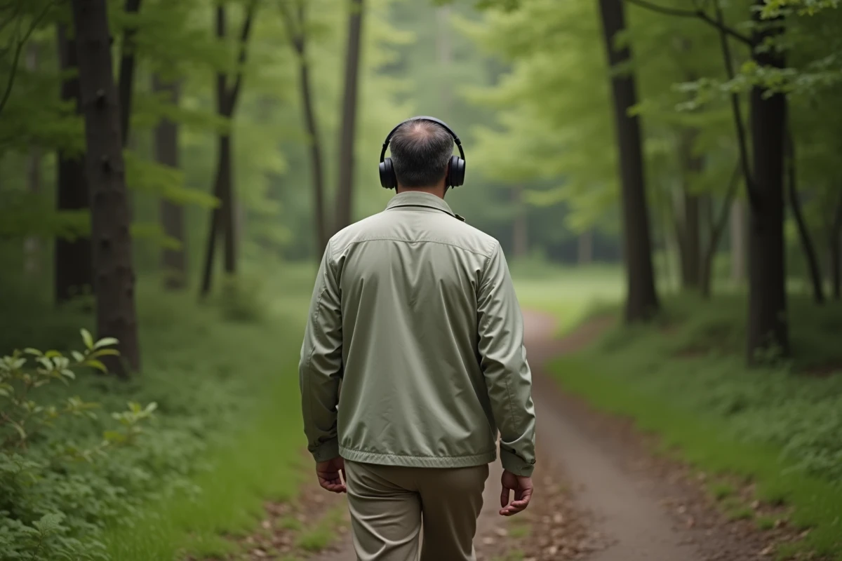 Homme marchant en forêt avec écouteurs dans un cadre naturel