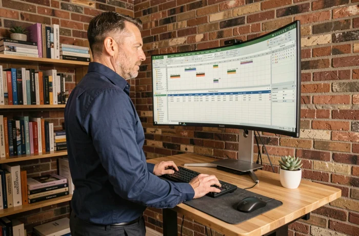 Homme debout à un bureau réglable en hauteur dans un bureau à domicile avec logiciels de productivité affichés