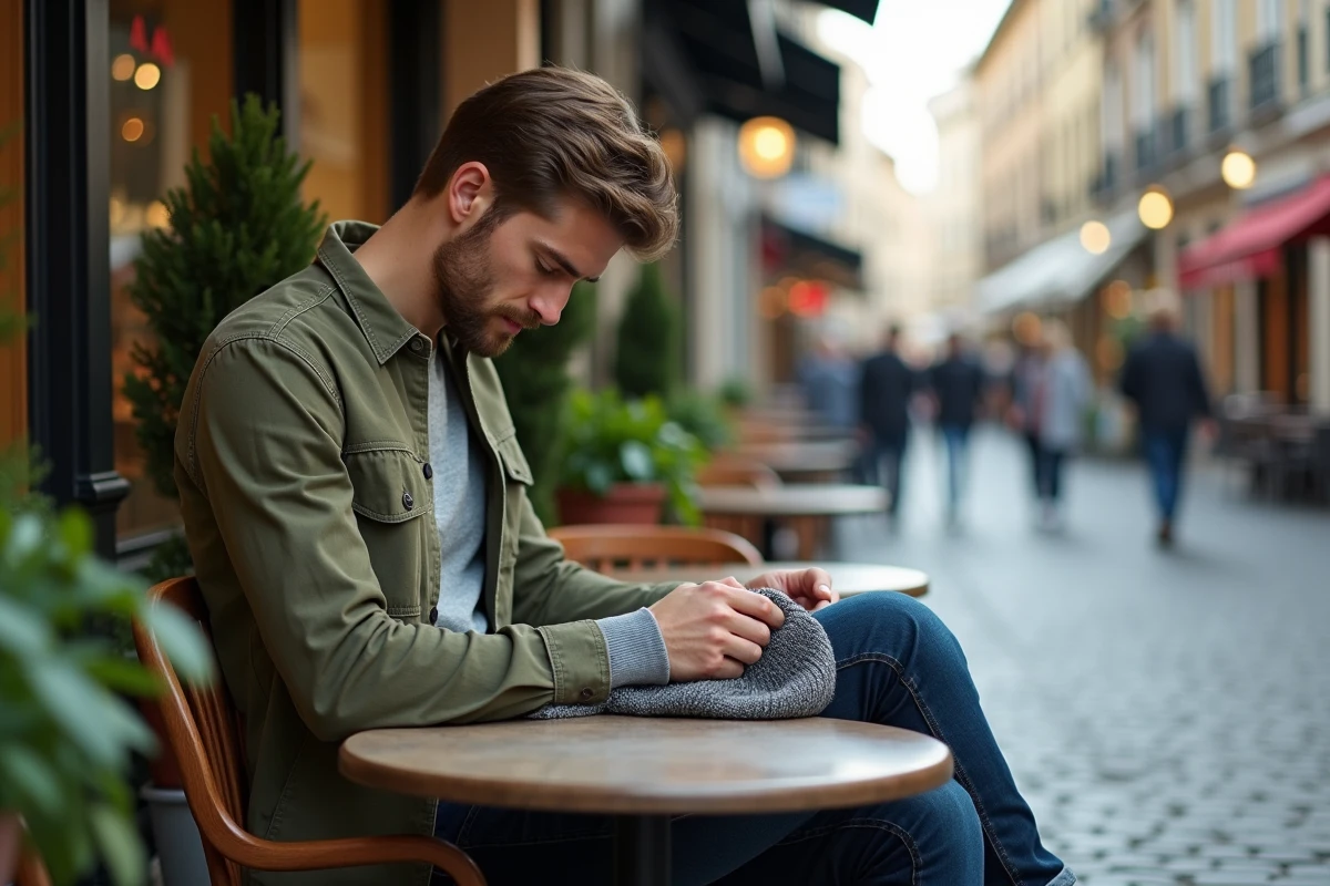 Homme vérifiant un pull dans un café en ville
