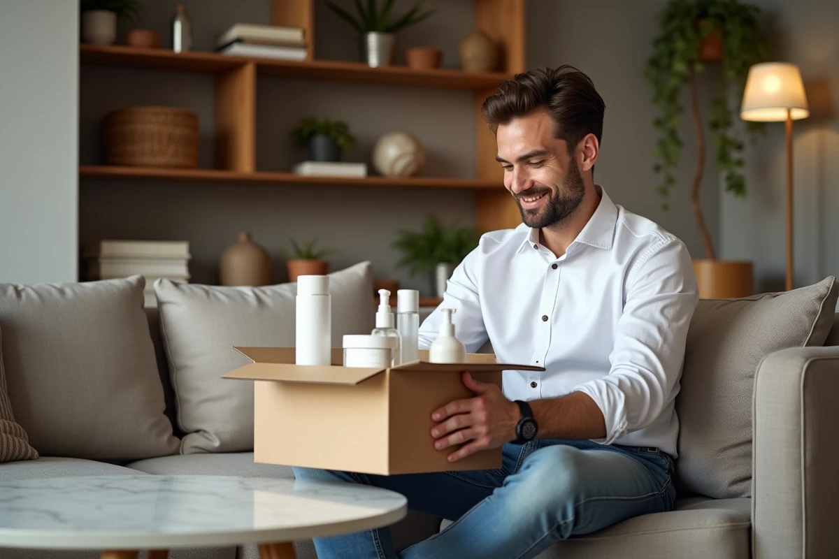 Homme détendu découvrant des produits cosmétiques innovants