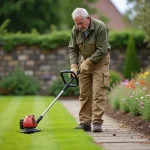 Homme utilisant un coupe-bordure thermique pour délimiter une allée de jardin en pierre