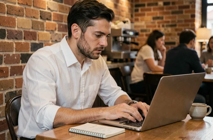 Jeune homme rédigeant une lettre de motivation dans un café avec un ordinateur portable et un carnet de notes